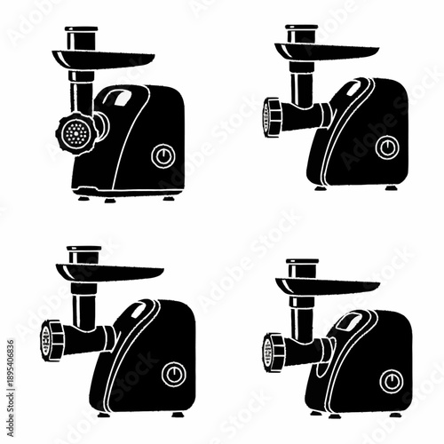 Set of four black and white meat grinder illustrations.