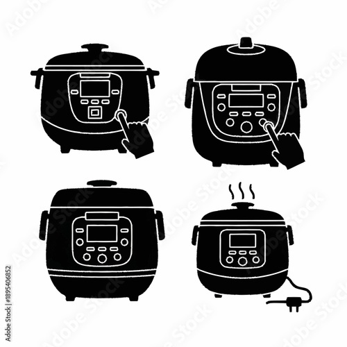 Set of four black and white instant pot pressure cooker icons.