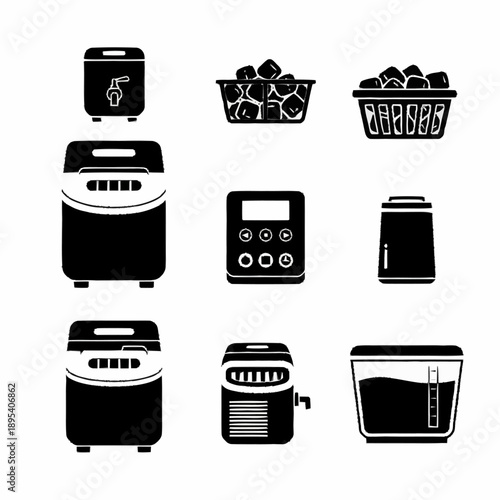 Set of ice maker and ice bucket icons in black and white.
