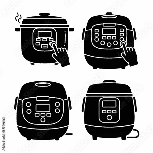 Set of four modern electric pressure cookers with digital displays and control panels.