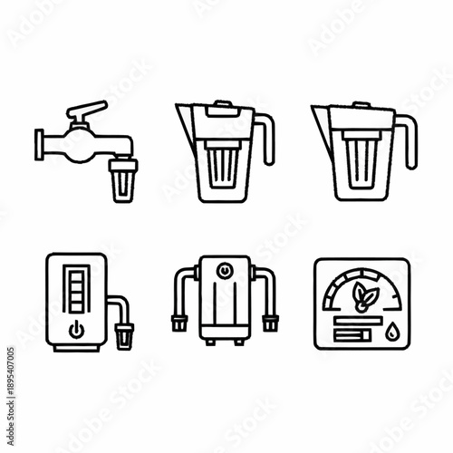 Water Filtration System Icons Set for Clean Drinking Water Solutions.