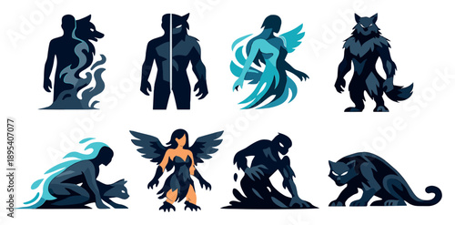 Shape Shifters in flat style: transforming silhouette, morphing body, dual form figure, fluid outline, animal human hybrid, shadow metamorphosis, shifting limbs. Vector icons