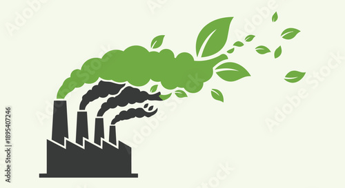 Eco friendly industrial pollution control with green leaves emerging from smokestack