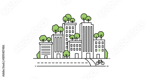 Cityscape with buildings and trees along a road with a bicycle