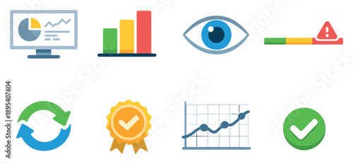 Quality monitoring system in flat style: dashboard screen, metric bars, monitoring eye, alert threshold line, continuous improvement loop, assurance seal. Vector icons