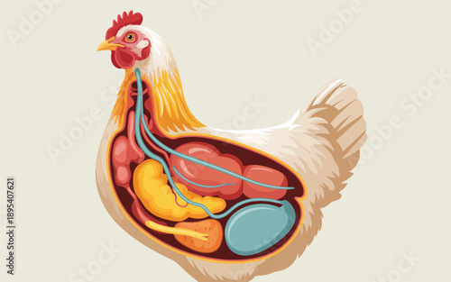 Detailed cross section of a chicken showing its complex internal anatomy and various organs