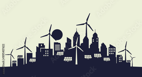 City skyline with wind turbines and solar panels on green background