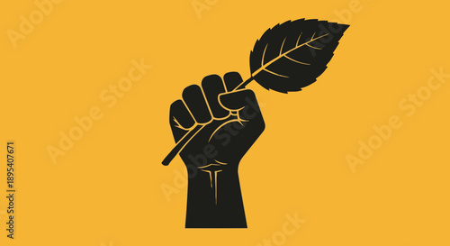 A black fist holding a leaf on a vibrant orange background symbolizing peace