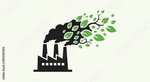 Black silhouette factory with green leaves emerging from smoke stack pipe