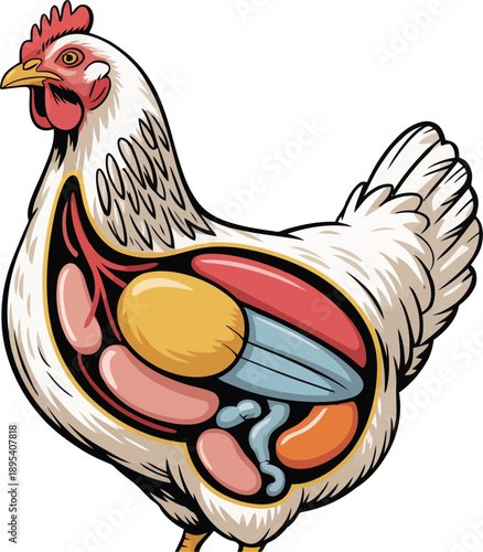 Detailed diagram showcasing the internal organs and anatomy of a domestic chicken for educational purposes