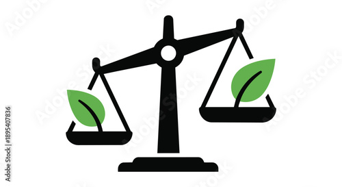 Black silhouette of balanced scales with green leaves