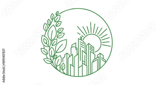 Green cityscape logo with sun and leaves in a circle