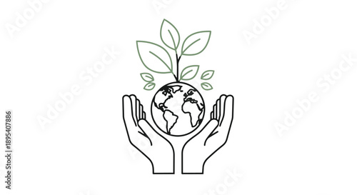 A minimalist line drawing of hands cradling the earth with green leaves