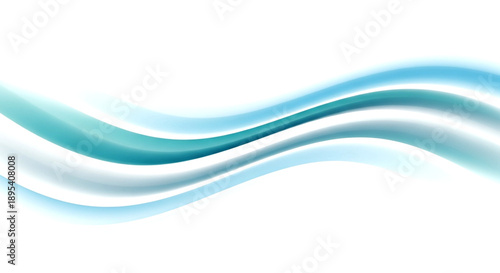 A horizontal abstract background displays smooth, flowing waves in vibrant shades of blue and teal against a clean white backdrop.