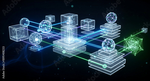 An intricate digital network of glowing blue and green laser light connections links abstract geometric shapes like cubes and spheres in a dark virtual space.