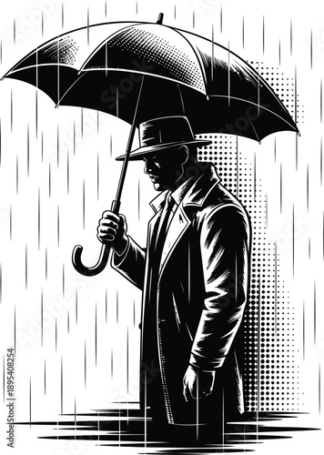 Film Noir Style Mystery Man in Trench Coat and Fedora Holding Umbrella in Rain
