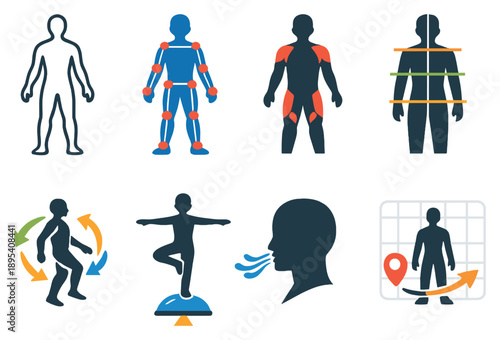 Body Awareness in flat style: body outline, joint position, muscle tension, posture alignment, movement direction, balance stance, breathing rhythm, spatial. Vector icons