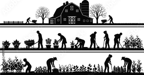 Here is the optimized title and keyword set for your farm silhouette illustration, designed to maximize visibility in Adobe Stock search results.