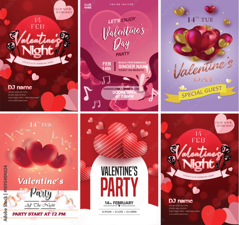 Naklejka premium Valentines Day Party Flyer Poster Set