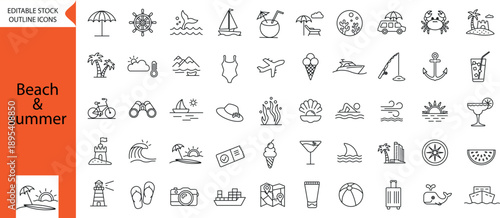 Beach and summer concept editable stroke outline icons set. 