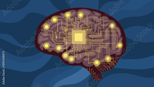 A digital human brain made up of electronic circuits, subtle brilliance, the concept of artificial intelligence.
