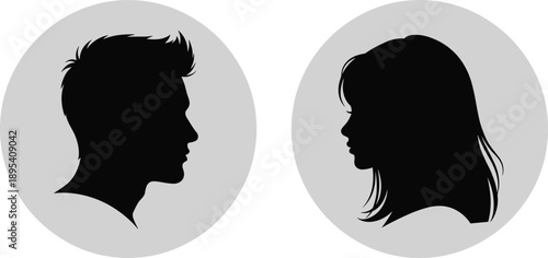 Male female profile silhouettes, anonymous avatar icons, human face side view, minimal black design, identity concept illustration, vector symbol collection