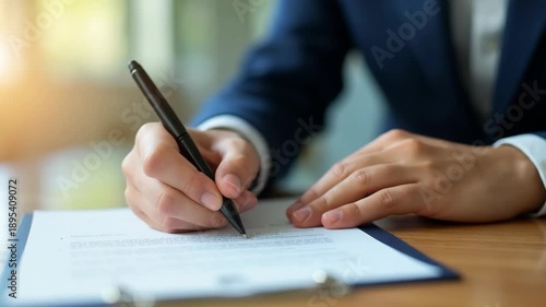 Close-up of a businessman's hands signing an official paper or contract at a desk, symbolizing business agreement, partnership, or legal documentation.