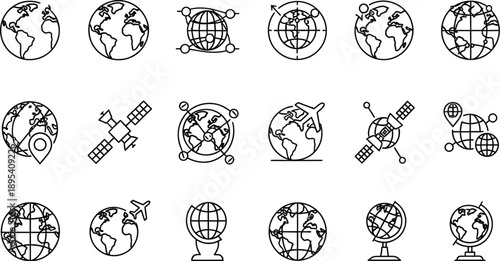 Outline icons representing global communication, geography, and interconnected world concepts are displayed in neat rows.
