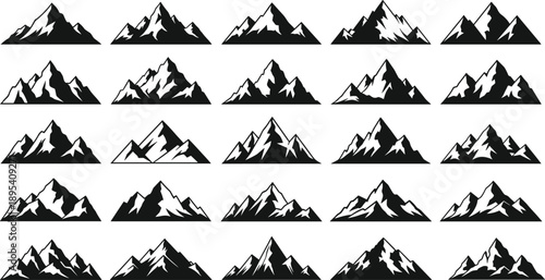 Mountain silhouette icon set with snowy peaks, black and white alpine landscape shapes for logo branding, outdoor adventure designs