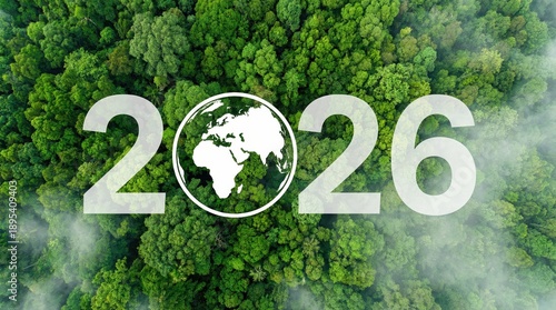 Aerial View of Green Forest Canopy with 2026 and Earth Globe Symbol for Environmental Future