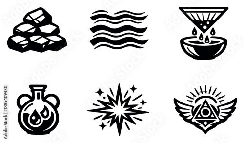 Alchemical process stages in outline style: base material symbol, dissolution waves, refinement filter, integration vessel, transmutation spark, perfected form. Vector icons