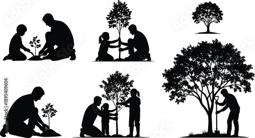 Family planting tree silhouettes set environmental care nature conservation black vector illustration isolated eco friendly community concept