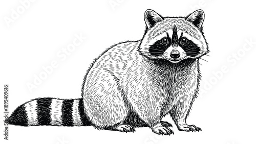 Detailed black and white illustration of a raccoon sitting. It features distinct facial markings, ringed tail, and dense fur, conveying a curious expression.