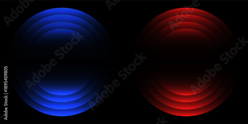 WiFi or scanner light effect, red and blue glowing sonic waves, good or bad signal concept. Neon no signal icon. Wireless network symbols.