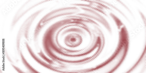 Red halftone concentric circle background. Rippled sonic wave ring wallpaper. Dotted radial gradient texture. Vector rasterized rough backdrop for epicenter, target, radar signal, vibration concept