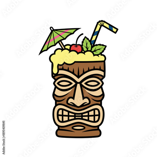 Tropical cocktail served in tiki mug with umbrella isolated on white background concept of summer vacation and exotic drinks