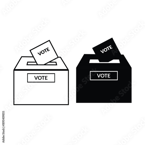 Black & White Vote Box Icons: Line Drawing & Silhouette, Ballot Insertion