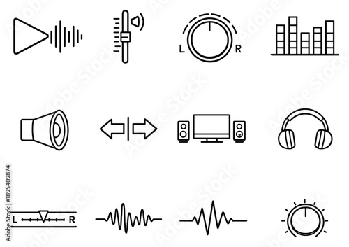Media playback audio balance in outline style: play button with waveform, volume slider, pan knob, equalizer lines, speaker cone, left-right arrows, audio. Vector icons