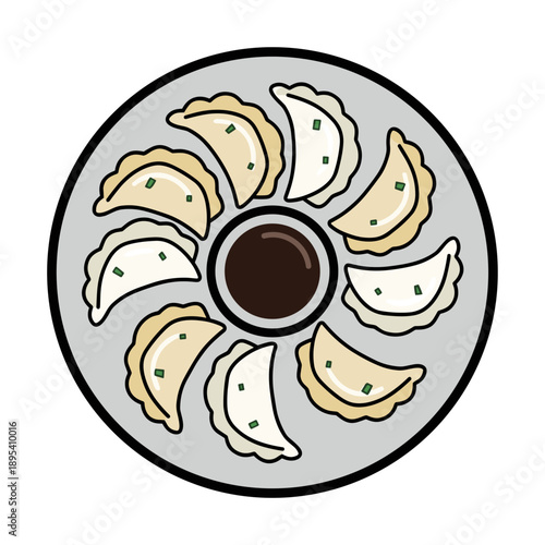 Plate of asian dumplings arranged in circle with sauce isolated on white background concept of traditional food and cuisine