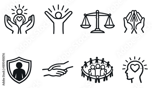 Human Rights System in outline style: dignity emblem, freedom stance, justice scale, respect indicator, protection shield, ethical treatment, social inclusion. Vector icons