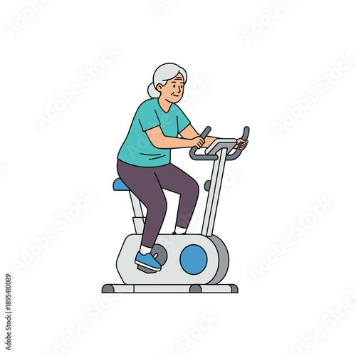 Senior woman exercising on stationary bike isolated on white background concept of fitness and healthy aging