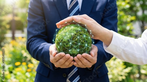 Hands of Two People Cradling a Mossy Globe with a Glowing Digital Network, Symbolizing Connection