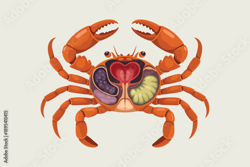 Detailed illustration showing the internal anatomy of a crab on a light background for educational purposes