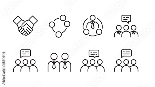 Minimalist icons representing communication, teamwork, and business interaction in a clean 2x4 grid layout.