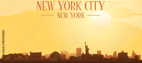 Golden yellow panoramic poster of the city skyline with misty background buildings and clouds of NEW YORK CITY, NEW YORK