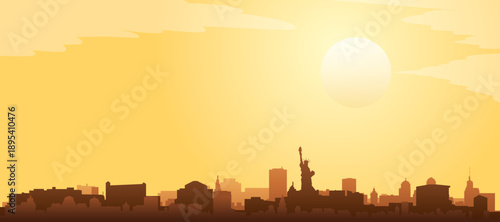 Golden yellow panoramic poster of the city skyline with misty background buildings and clouds of NEW YORK CITY, NEW YORK