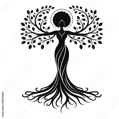 Majestic vector silhouette of african woman embodiment as tree of life symbolizing strength fertility and connection to nature with intricate roots branches and leaves representing maternal power