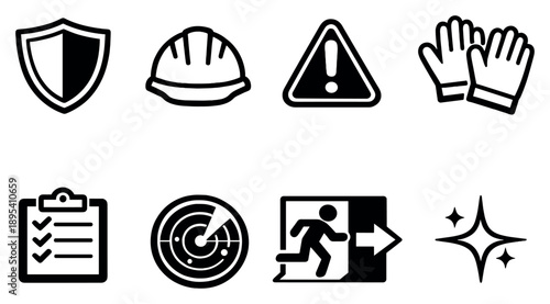 Employee protection framework in outline style: shield badge, helmet icon, hazard triangle, safety gloves, checklist clipboard, monitoring radar, emergency exit. Vector icons