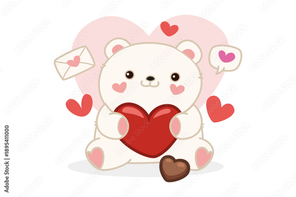 Fototapeta premium Bear sitting holding red heart surrounded by hearts and love letter. Celebration of Valentine Day focusing on love and affection