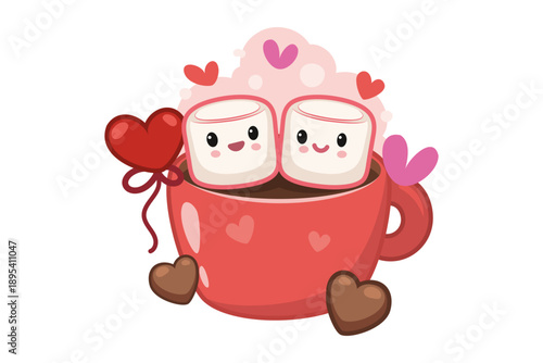 Red cup filled with hot chocolate holding two smiling marshmallows. Pink and red hearts surrounding it. Love on Valentines Day with warmth and joy